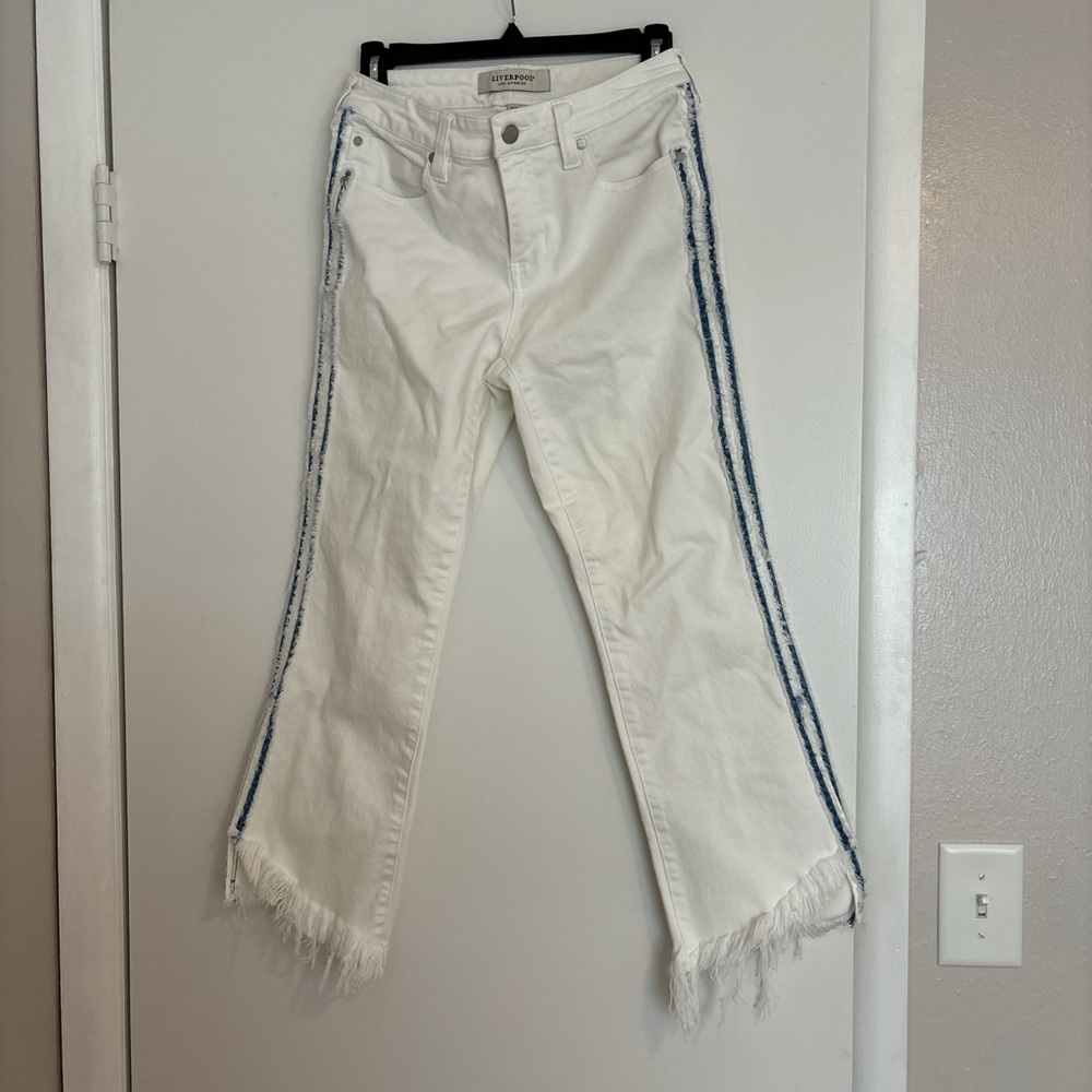 White and denim fringe jeans